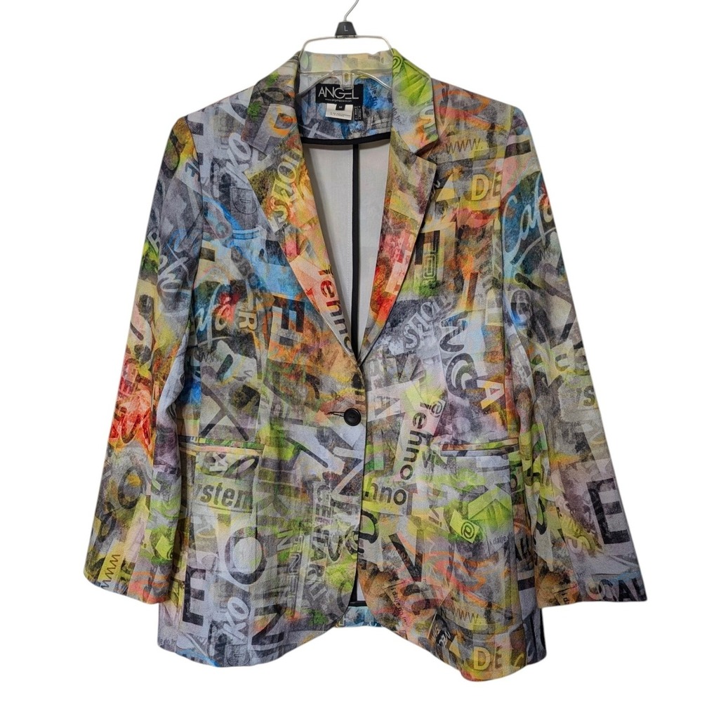 Angel Apparel Womens Graffiti‎ Typography Print Blazer Jacket Multi Color Size M